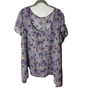Torrid Blouse Plus Size 1X Top Short Sleeve Floral Gray Purple Pink Semi-Sheer